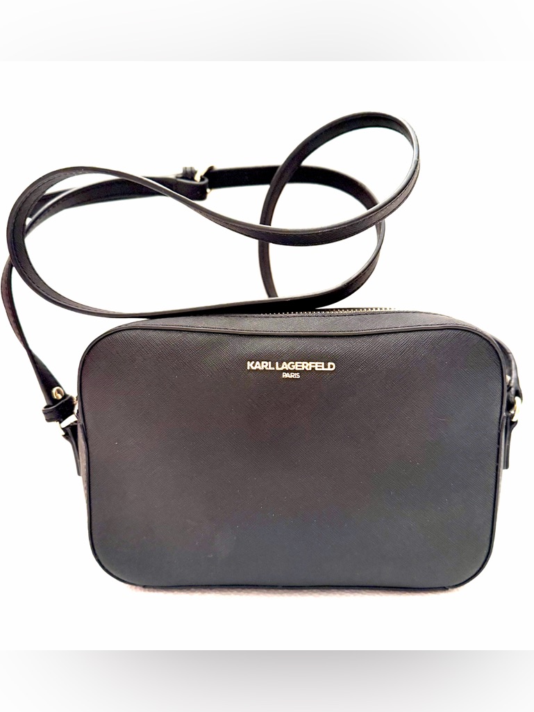 Karl Lagerfeld Paris Black Saffiano Top Zip Crossbody Bag Gold Hardware